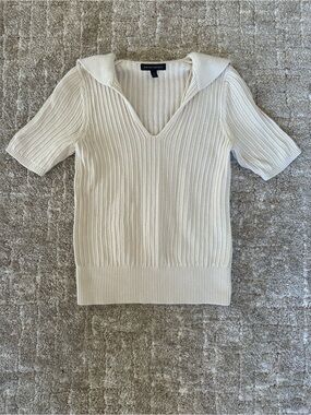 Banana Republic Cream V-Neck Ribbed Short-Sleeve Sailor Collar Sweater